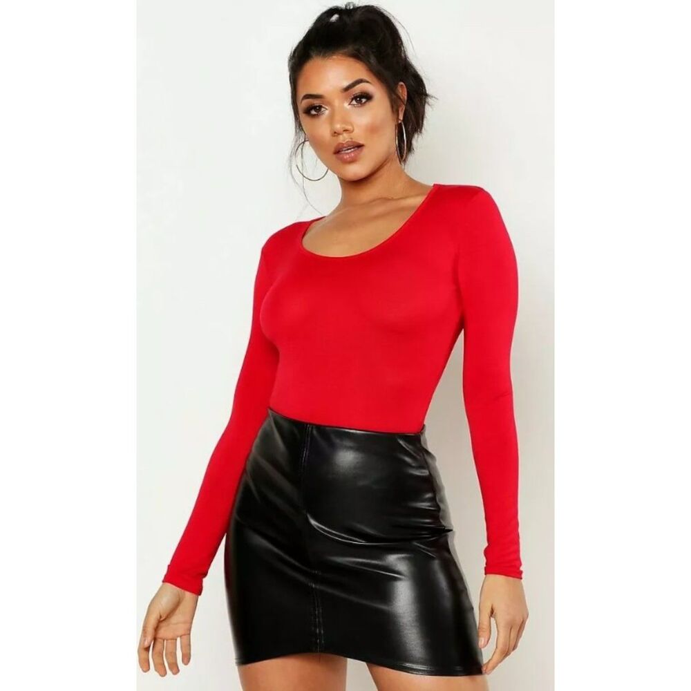 Bright Red Sz Jr XL Casual or Dress Stretch Long Sleeve Fitted Bodysuit MANGOPOP